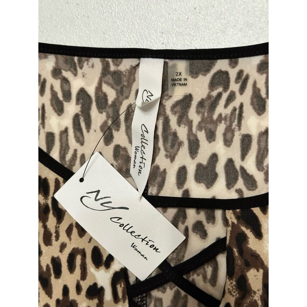 NY Collection NWT Leopard Print 3/4 Sleeve Midi Shift Dress Plaid Hem Stretch 2X - Picture 3 of 7